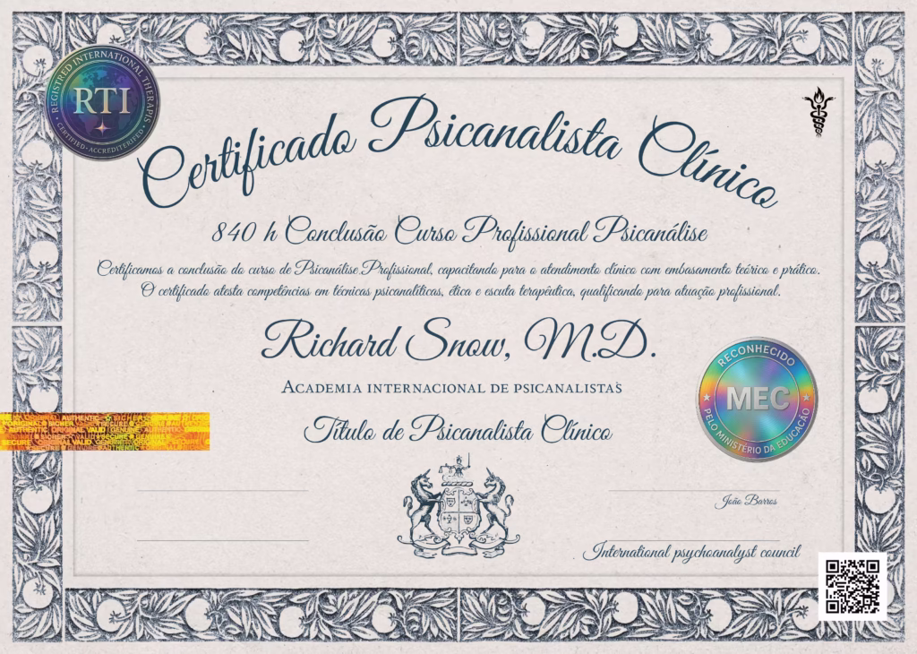 Certificado curso de psicanálise Registro no MEC